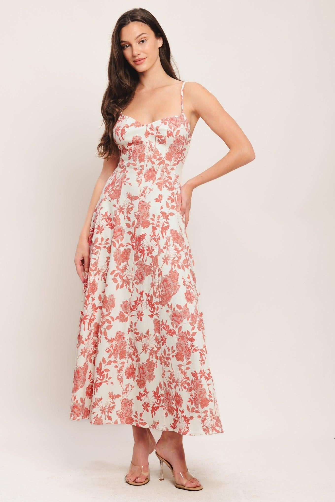Floral Haze Woven Midi Dress in ivory coral, view 5 — Soul Flow Apparel