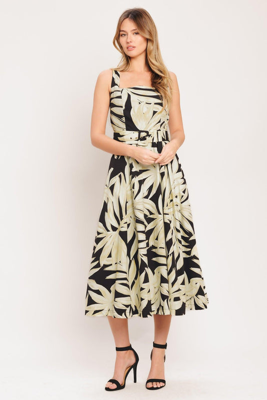 Mono Leaf Statement Woven Midi Dress in black taupe, view 2 — Soul Flow Apparel