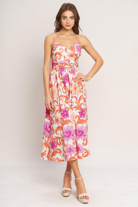 Vacay Bloom Woven Midi Dress in ivory pink, view 1 — Soul Flow Apparel