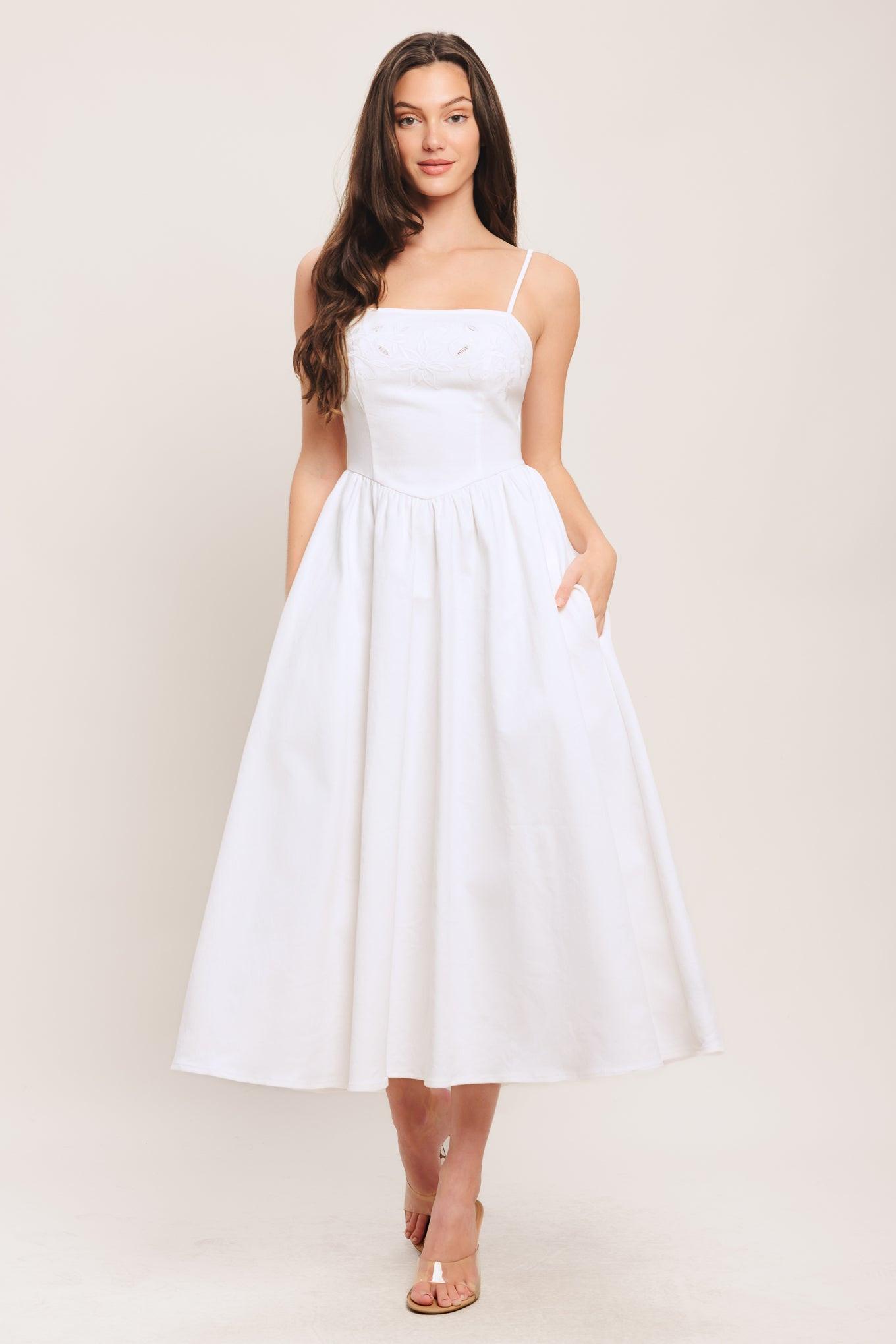 Cloud Petal Woven Midi Dress in white denim, view 1 — Soul Flow Apparel