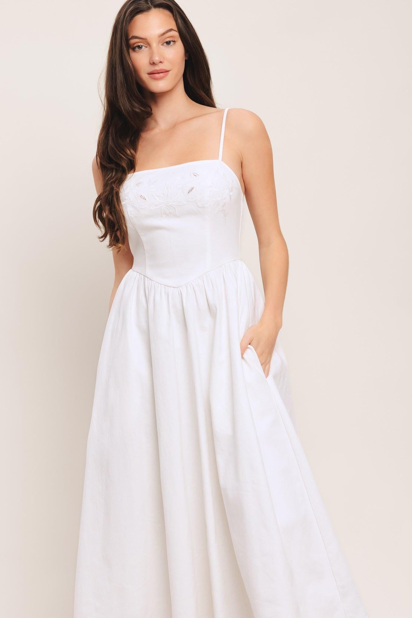 Cloud Petal Woven Midi Dress in white denim, view 2 — Soul Flow Apparel