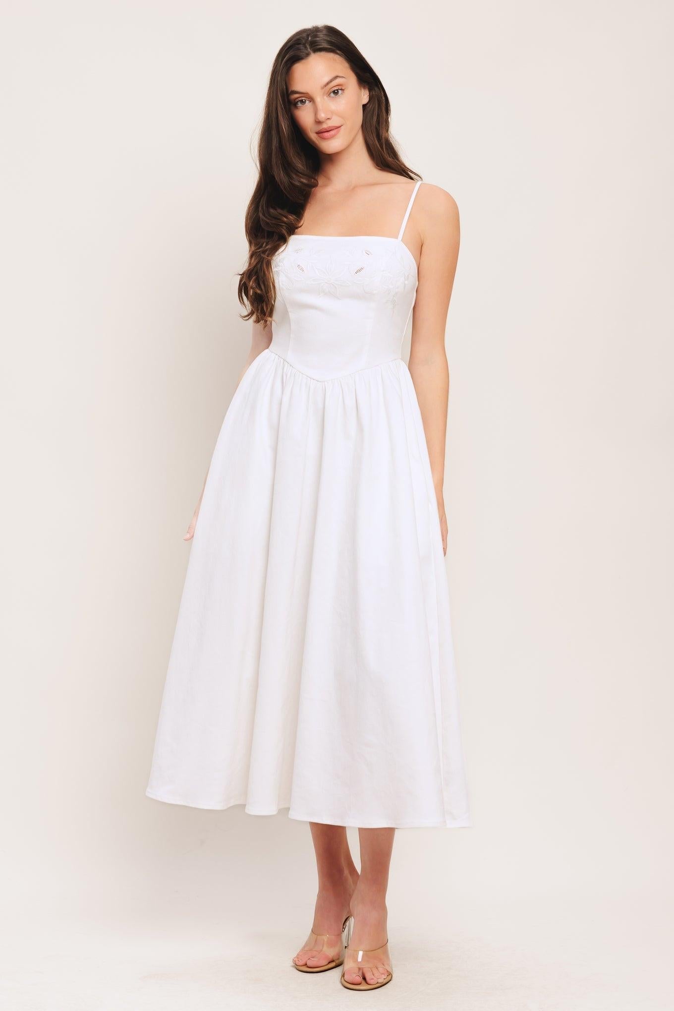 Cloud Petal Woven Midi Dress in white denim, view 3 — Soul Flow Apparel