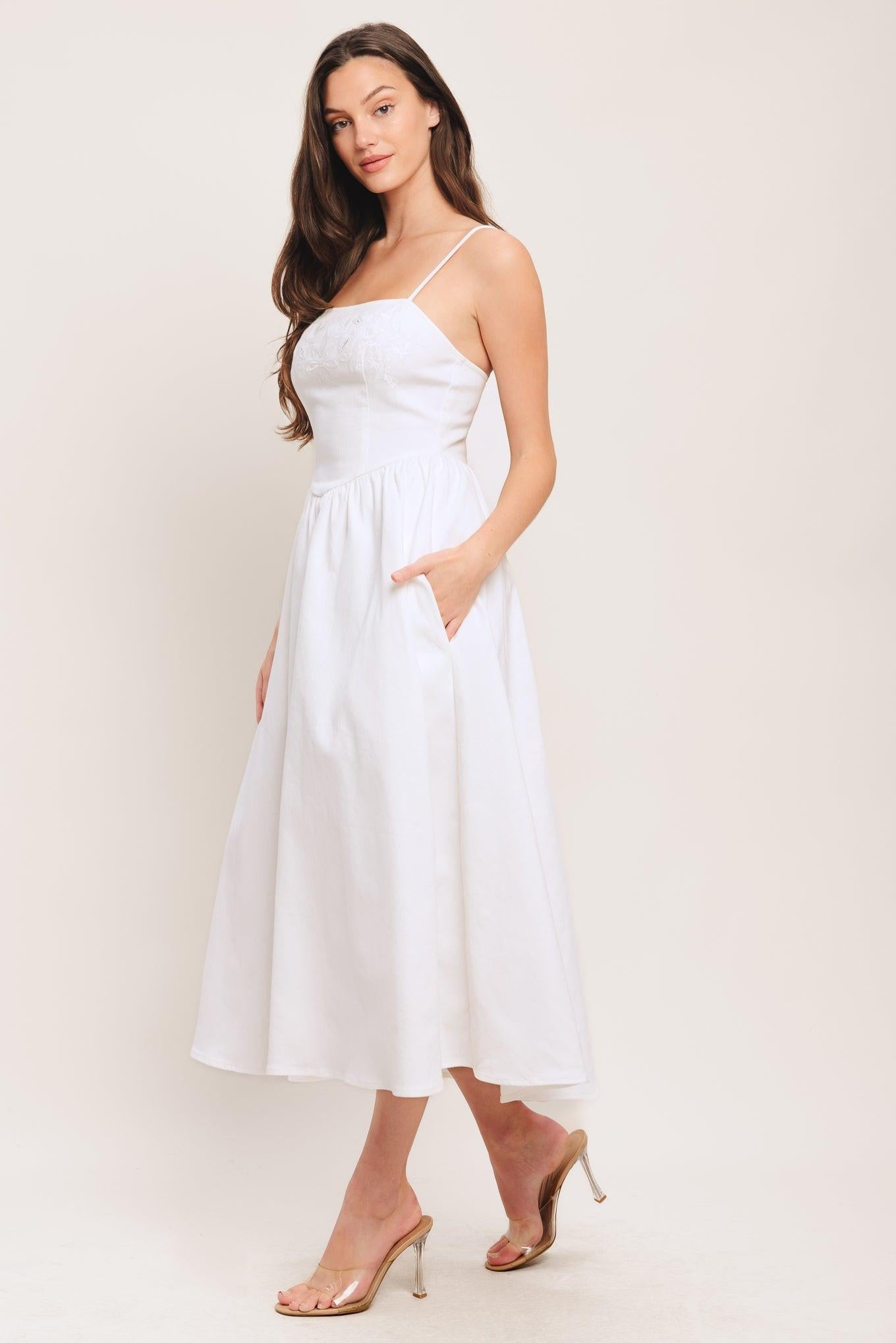 Cloud Petal Woven Midi Dress in white denim, view 4 — Soul Flow Apparel