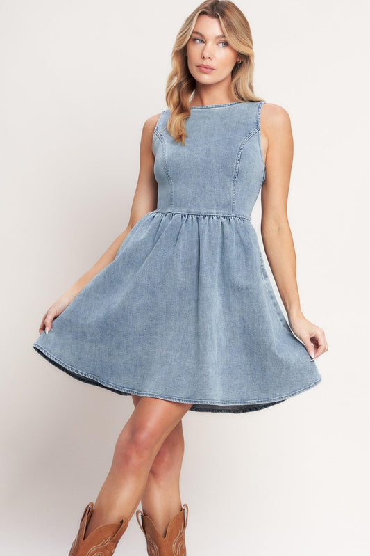 Casual Polished Denim Mini Dress in light, view 1 — Soul Flow Apparel