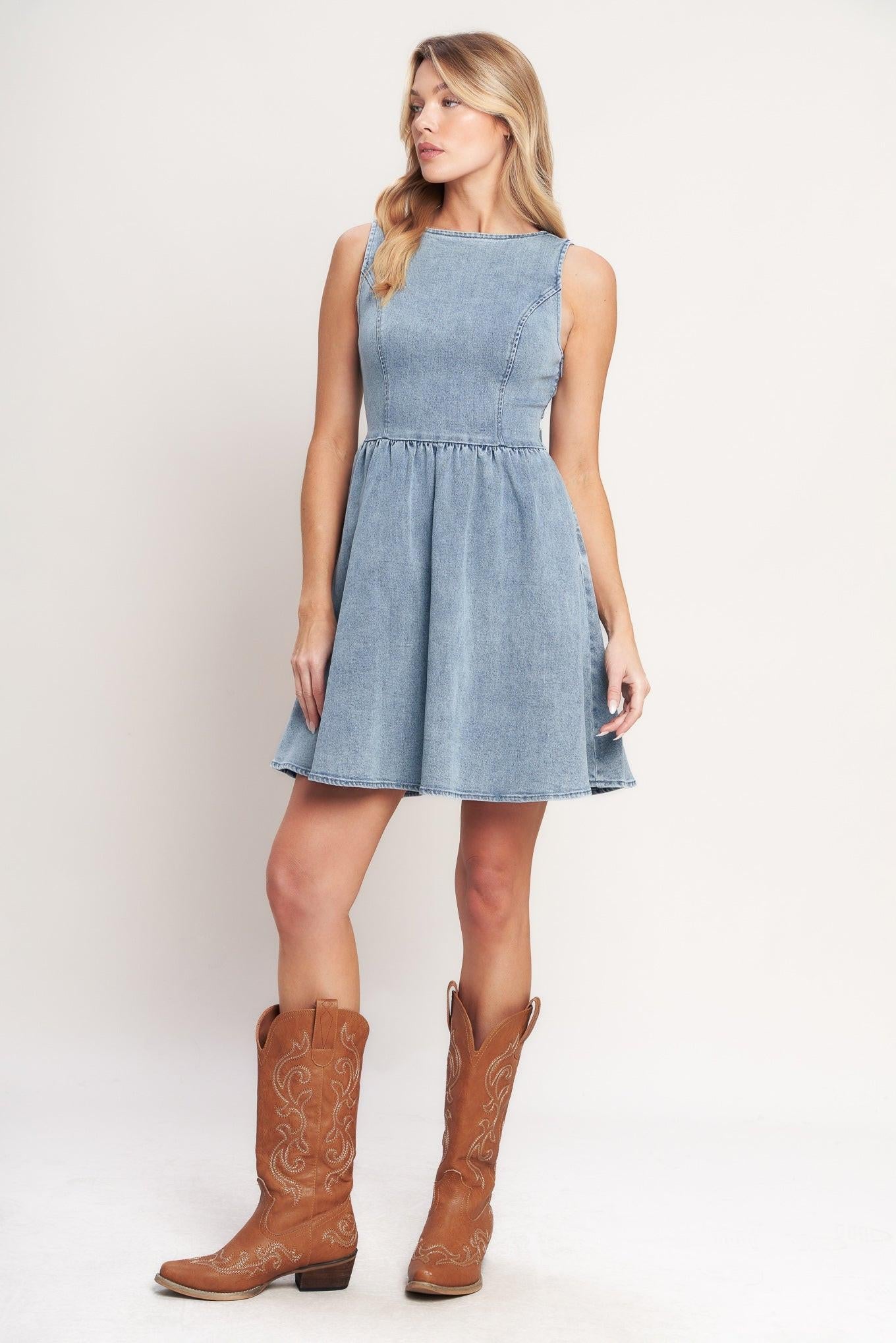 Casual Polished Denim Mini Dress in light, view 3 — Soul Flow Apparel