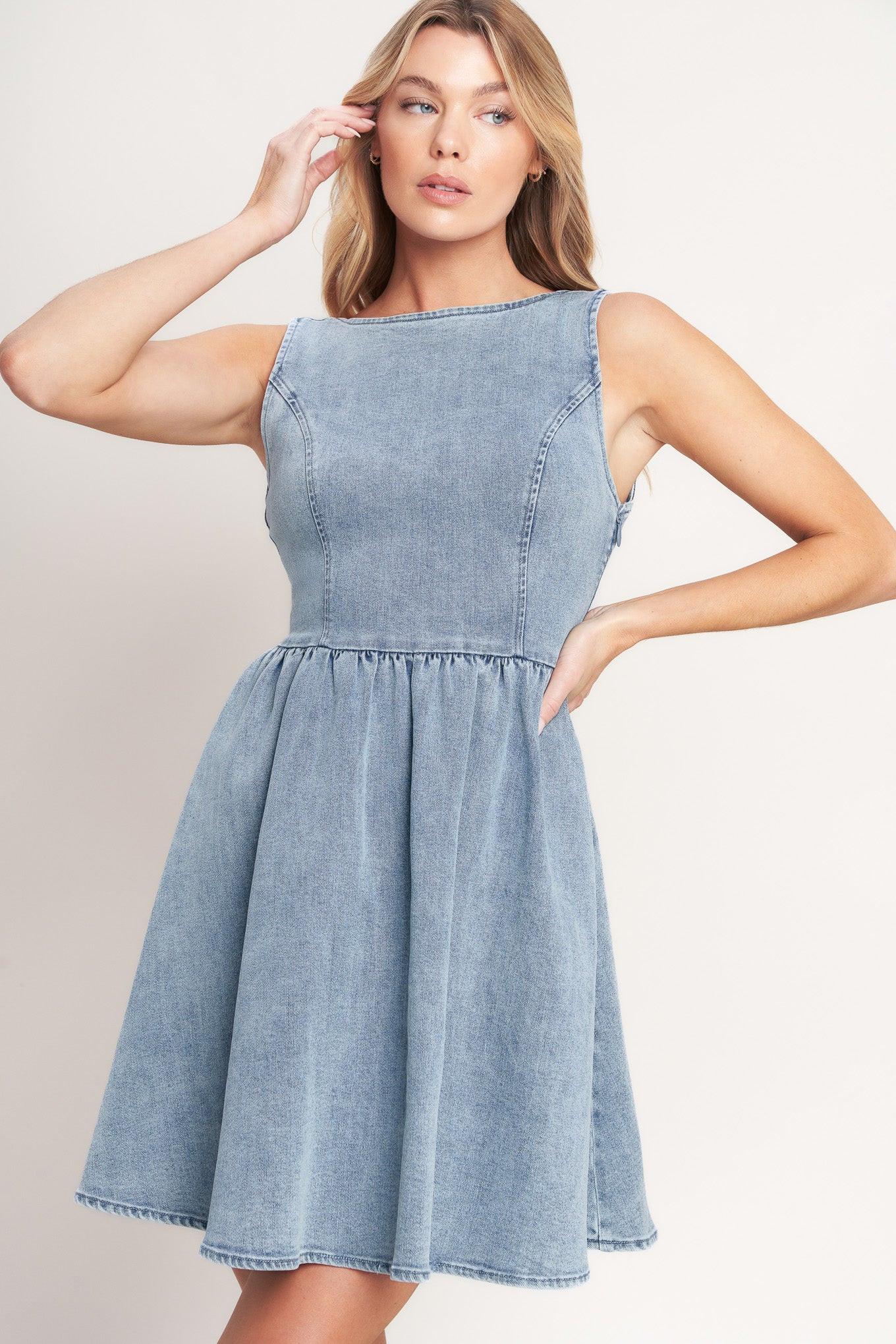 Casual Polished Denim Mini Dress in light, view 7 — Soul Flow Apparel