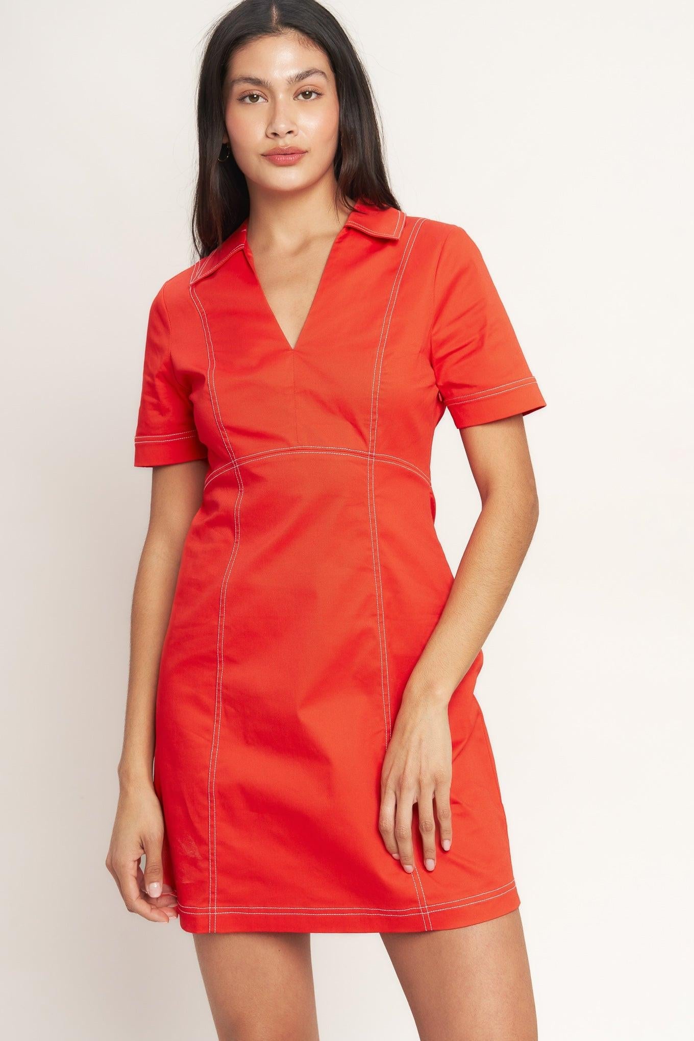 Bold and Beautiful Woven Mini Dress in tomato red, view 5 — Soul Flow Apparel