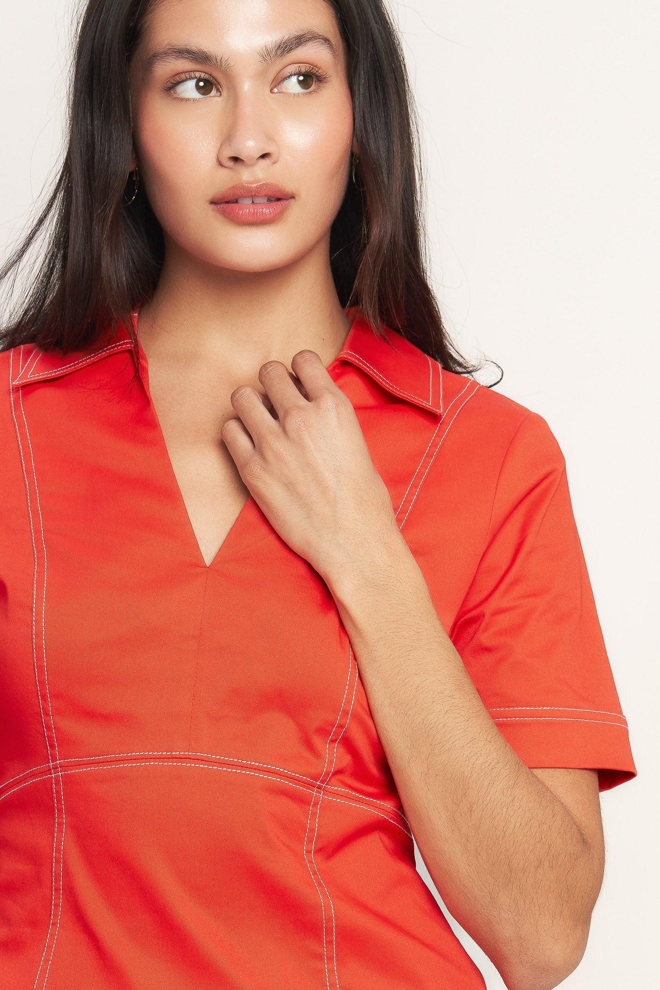 Bold and Beautiful Woven Mini Dress in tomato red, view 6 — Soul Flow Apparel