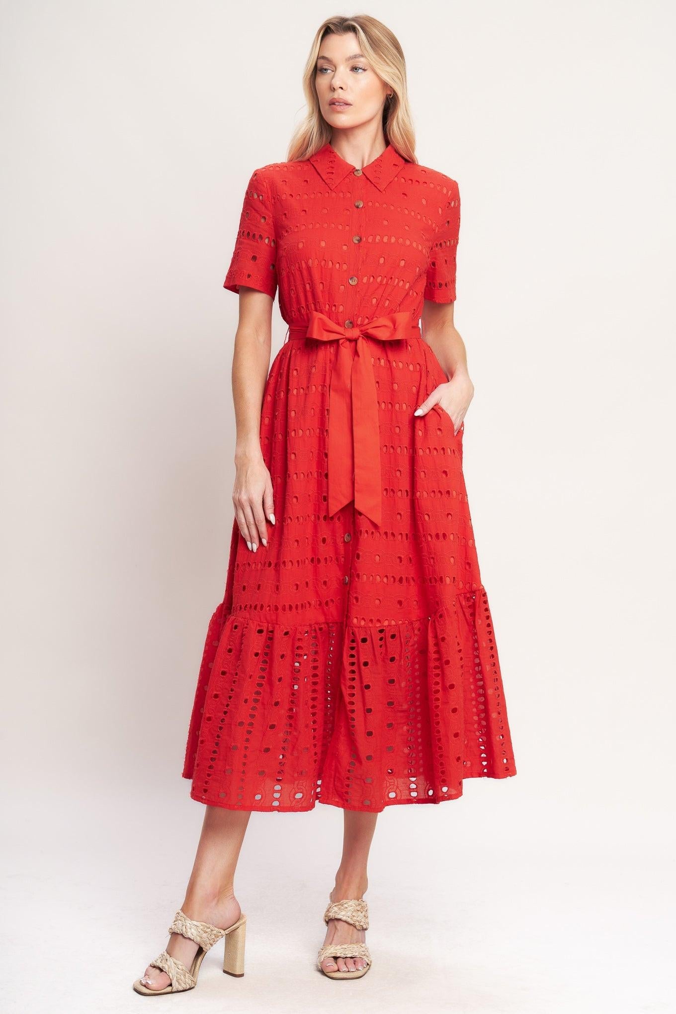 Power Scarlet Woven Eyelet Midi Dress in tomato red, view 1 — Soul Flow Apparel