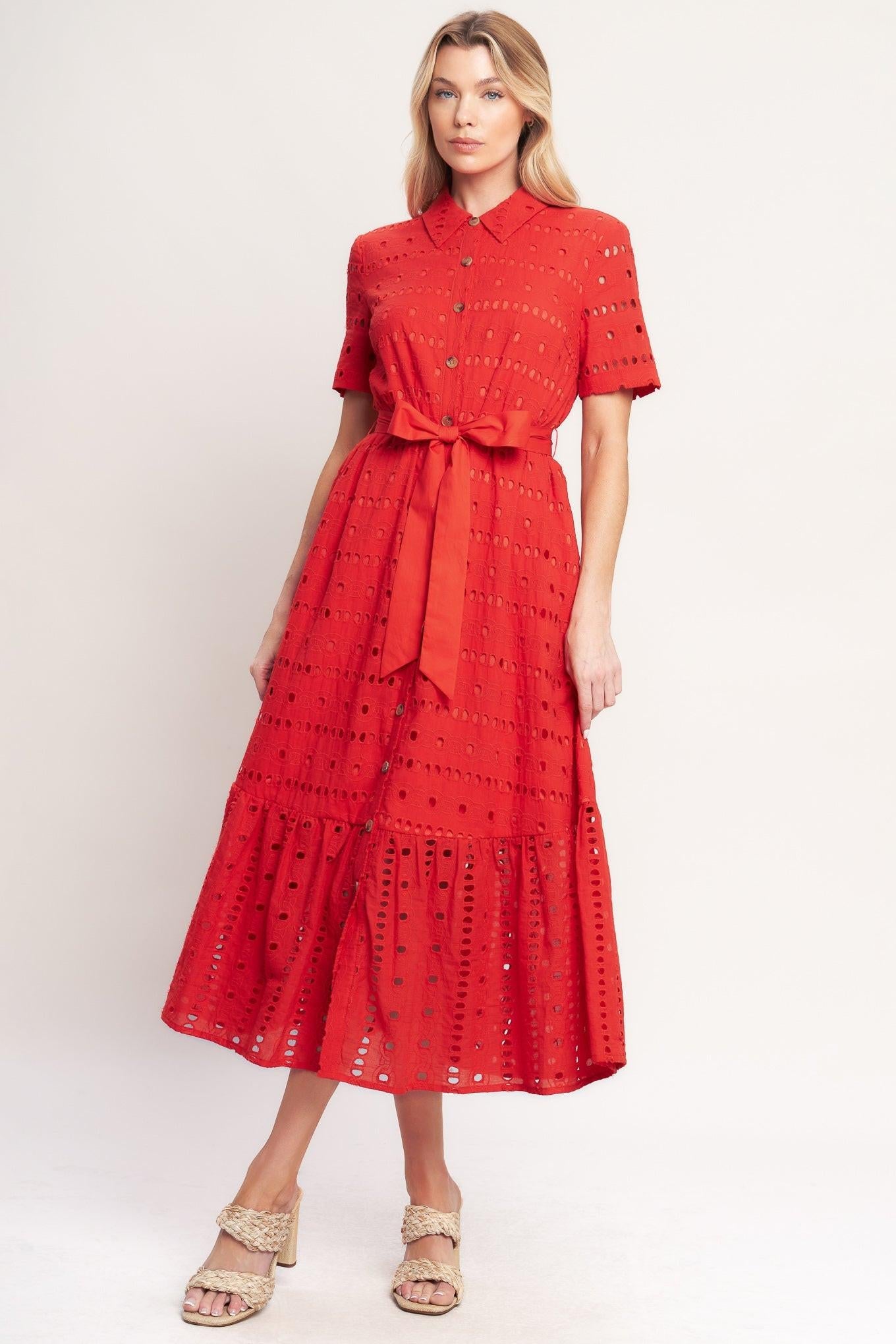 Power Scarlet Woven Eyelet Midi Dress in tomato red, view 2 — Soul Flow Apparel