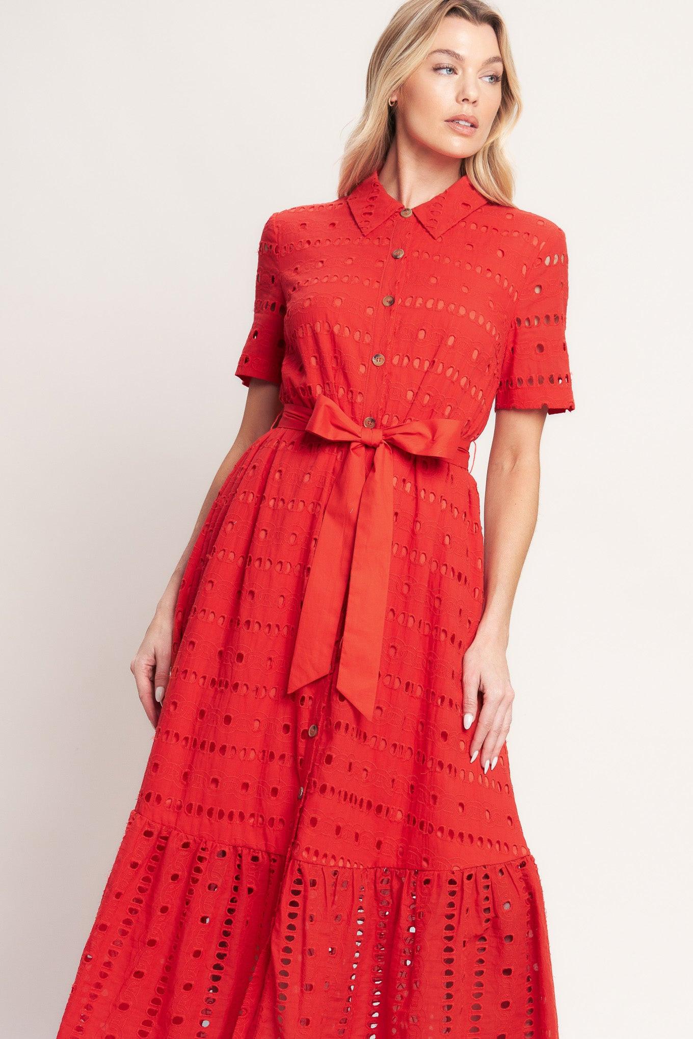 Power Scarlet Woven Eyelet Midi Dress in tomato red, view 3 — Soul Flow Apparel