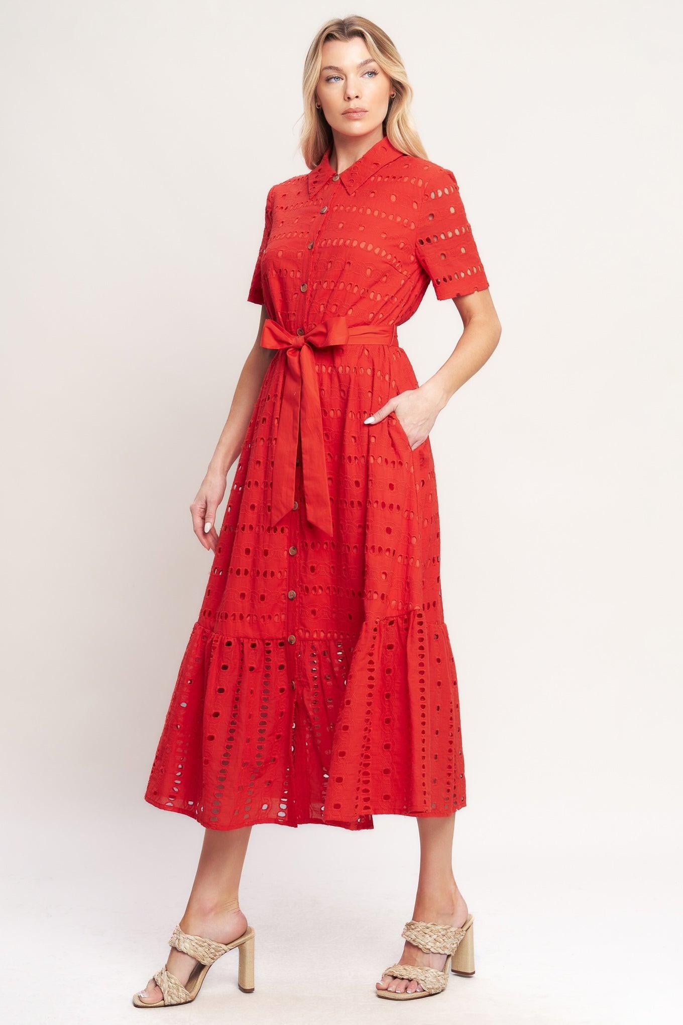 Power Scarlet Woven Eyelet Midi Dress in tomato red, view 4 — Soul Flow Apparel