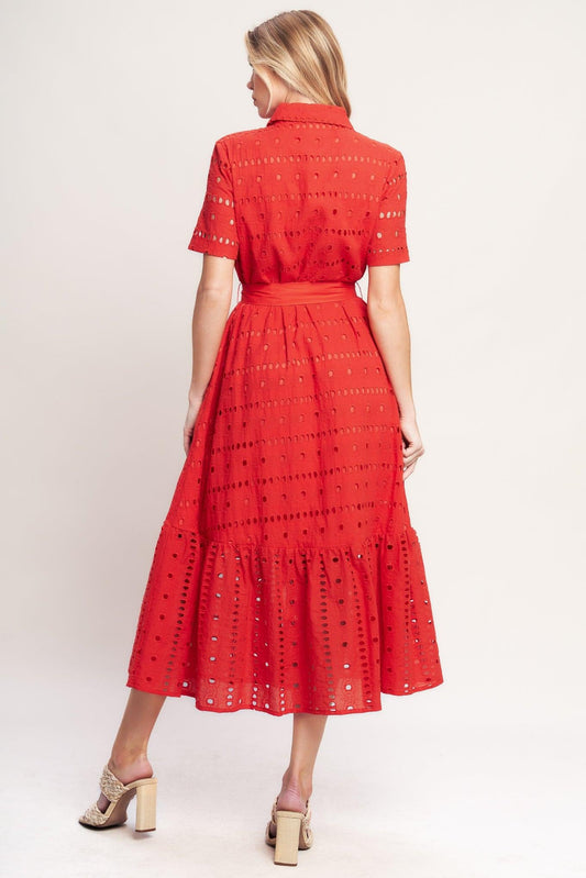 Power Scarlet Woven Eyelet Midi Dress in tomato red, view 5 — Soul Flow Apparel