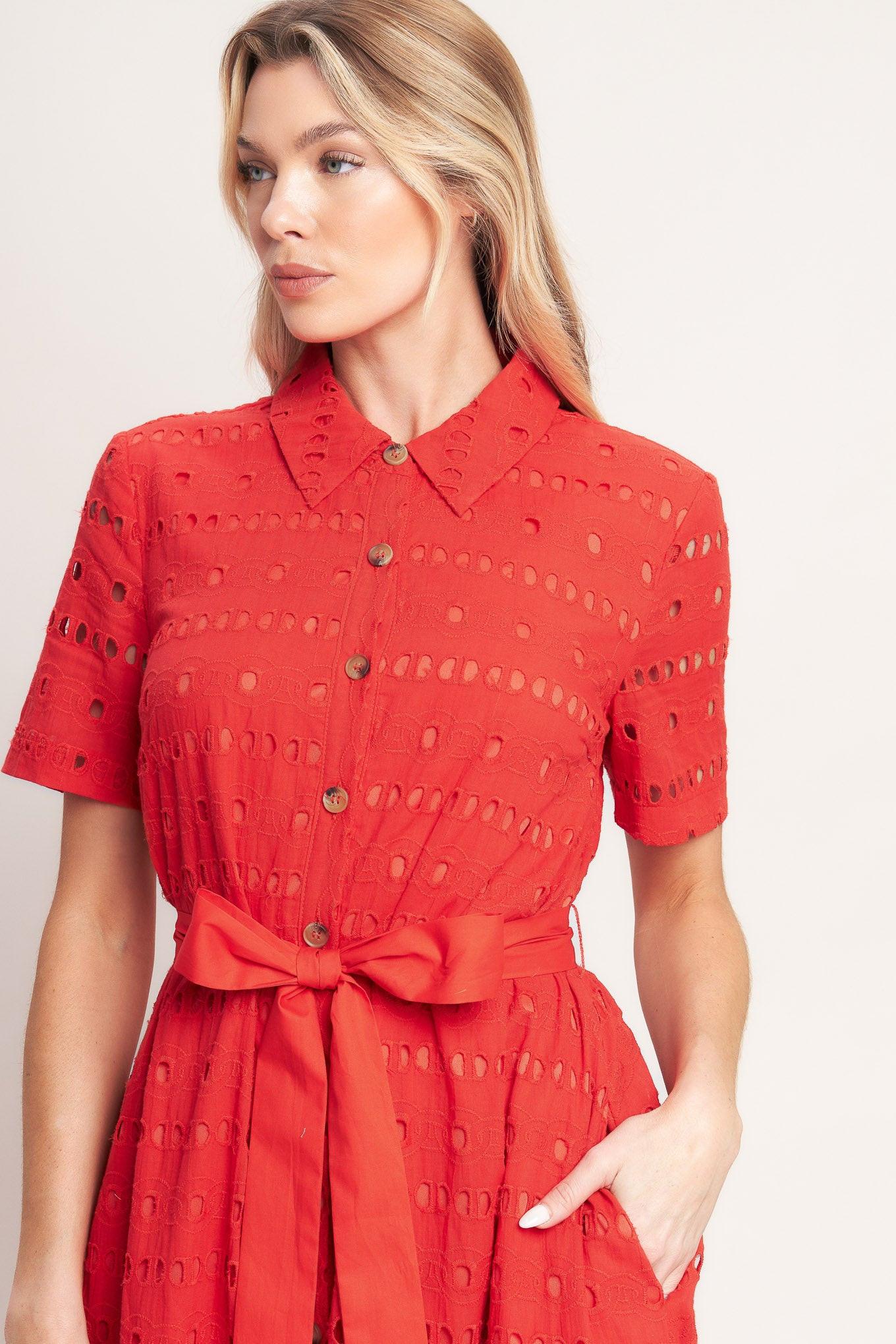 Power Scarlet Woven Eyelet Midi Dress in tomato red, view 6 — Soul Flow Apparel