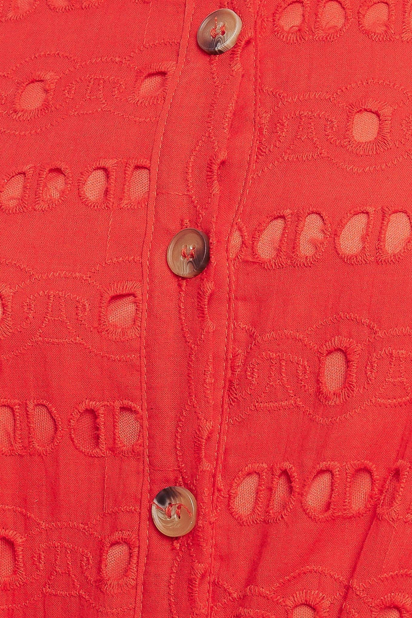 Power Scarlet Woven Eyelet Midi Dress in tomato red, fabric swatch — Soul Flow Apparel