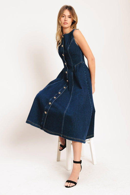 Effortless Polish Denim Midi Dress in medium indigo, view 8 — Soul Flow Apparel