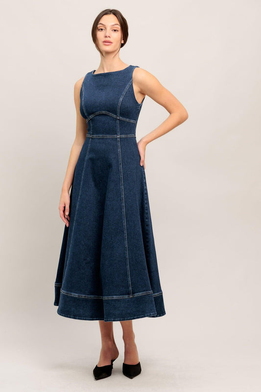 Simple Statement Denim Denim Midi Dress in medium indigo, view 1 — Soul Flow Apparel
