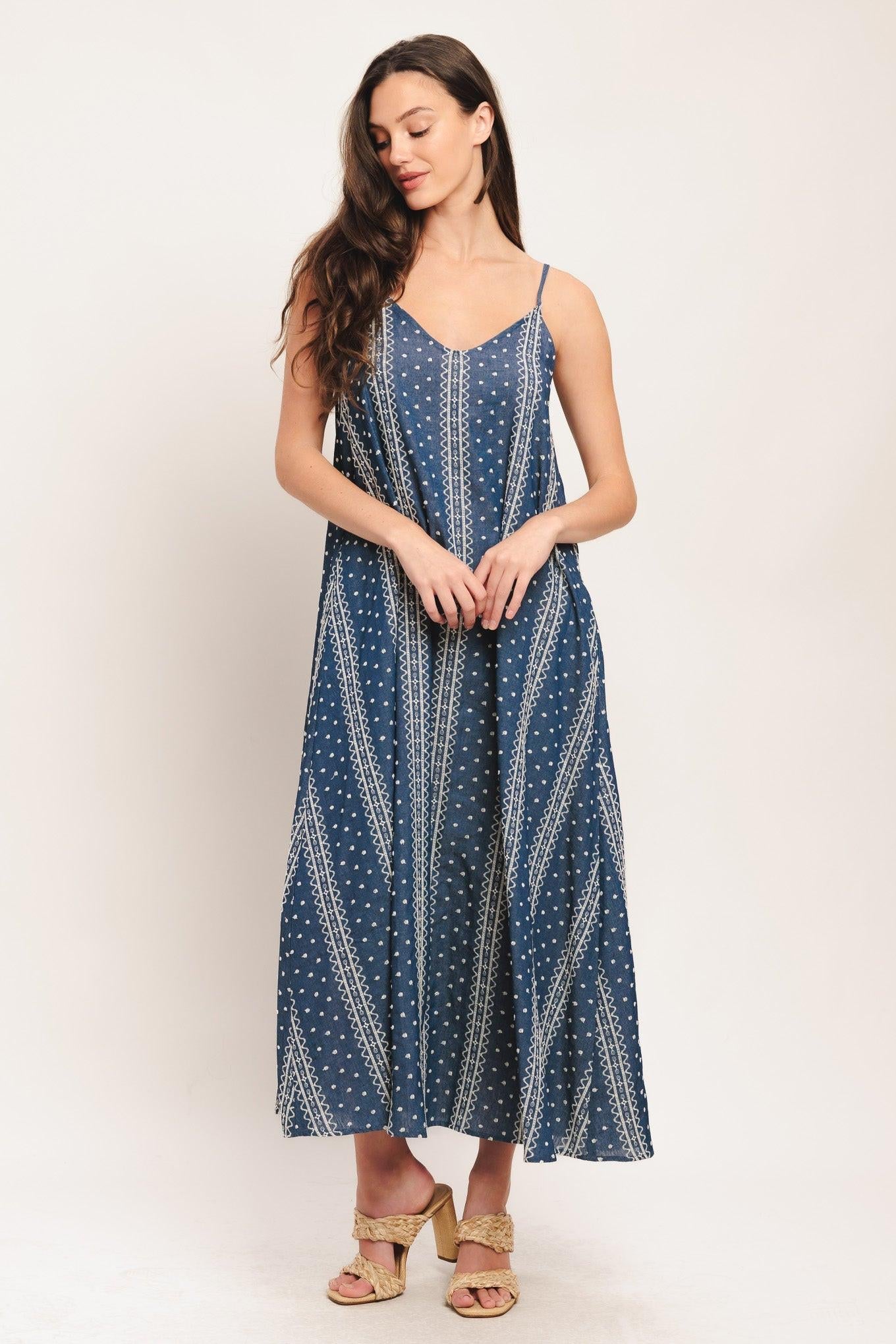 Handloom Sky Woven Midi Dress in medium indigo, view 1 — Soul Flow Apparel