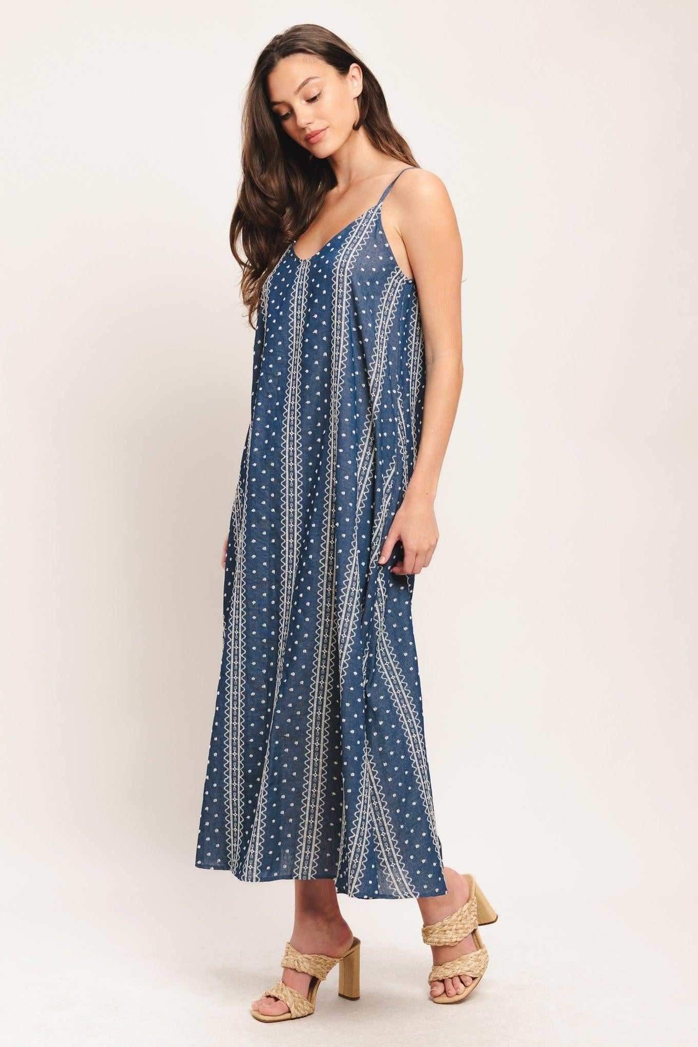 Handloom Sky Woven Midi Dress in medium indigo, view 2 — Soul Flow Apparel