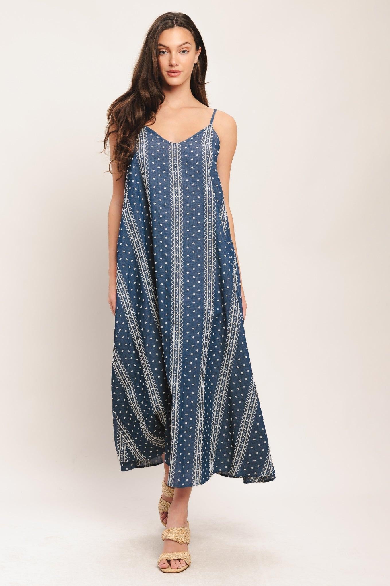 Handloom Sky Woven Midi Dress in medium indigo, view 3 — Soul Flow Apparel