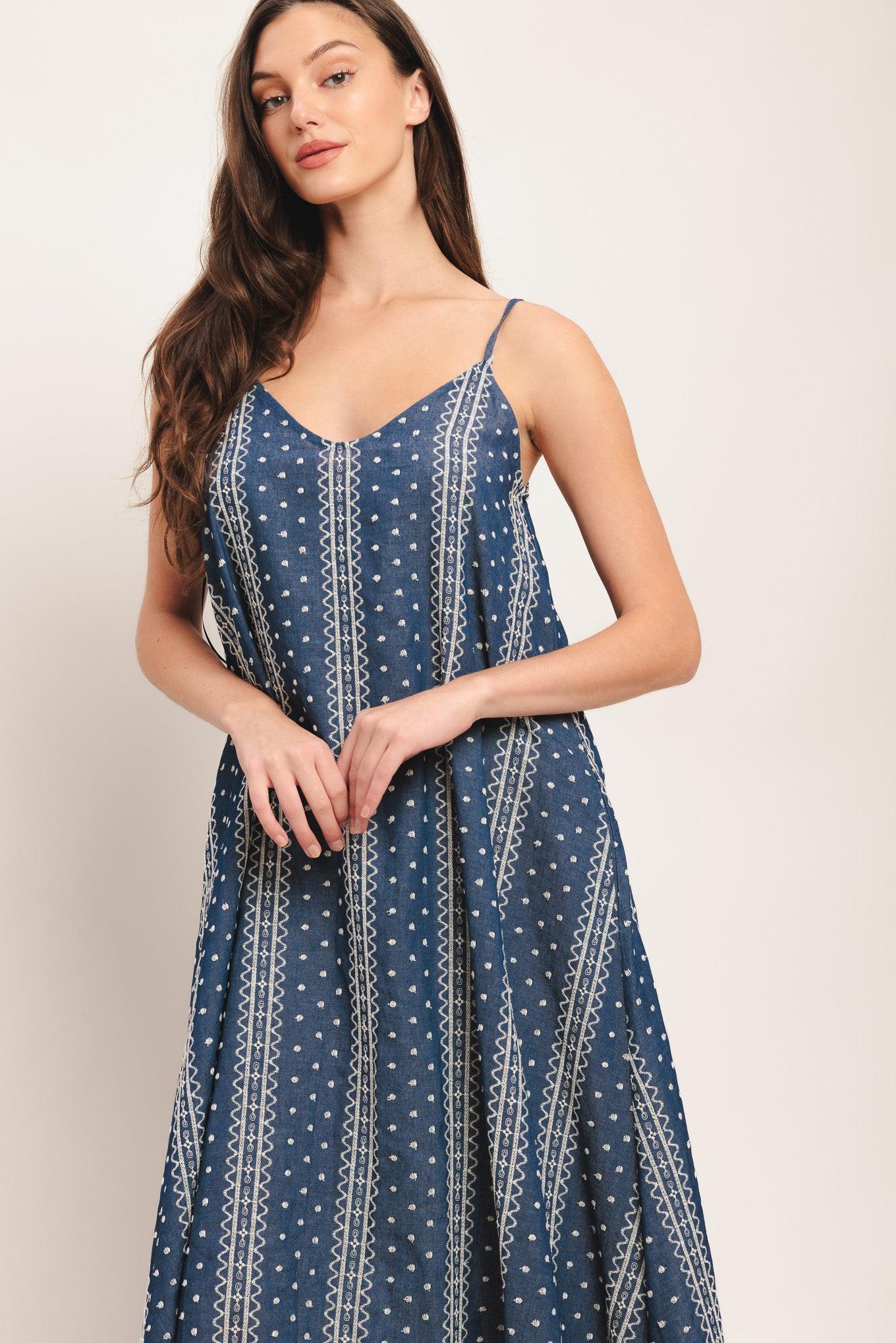 Handloom Sky Woven Midi Dress in medium indigo, view 4 — Soul Flow Apparel