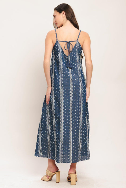 Handloom Sky Woven Midi Dress in medium indigo, view 5 — Soul Flow Apparel