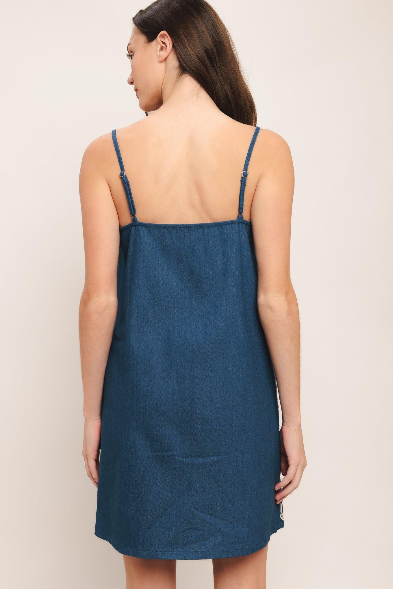 Sea Breeze Paisley Denim Mini Dress in medium indigo, view 4 — Soul Flow Apparel
