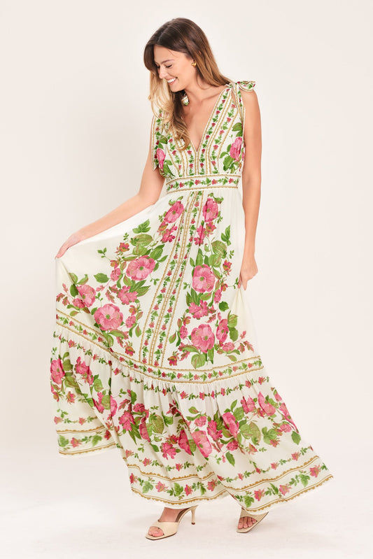 Rose Vine Romance Woven Maxi Dress in ivory, view 2 — Soul Flow Apparel