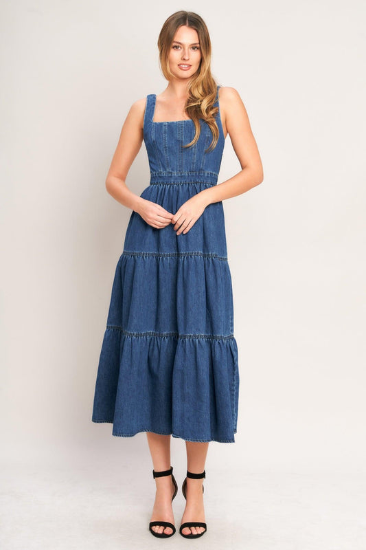 Everyday Romance Denim Midi Dress in medium indigo, view 1 — Soul Flow Apparel