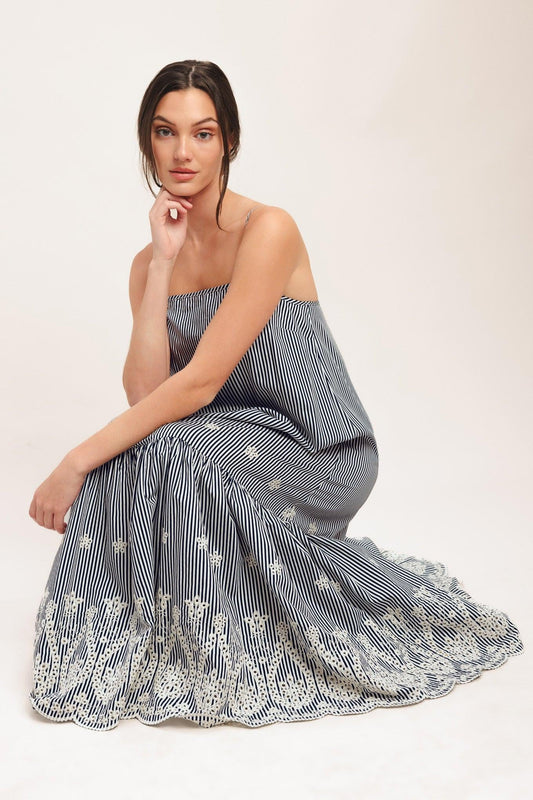 Stripe Cove Woven Midi Dress in ivory navy, view 2 — Soul Flow Apparel