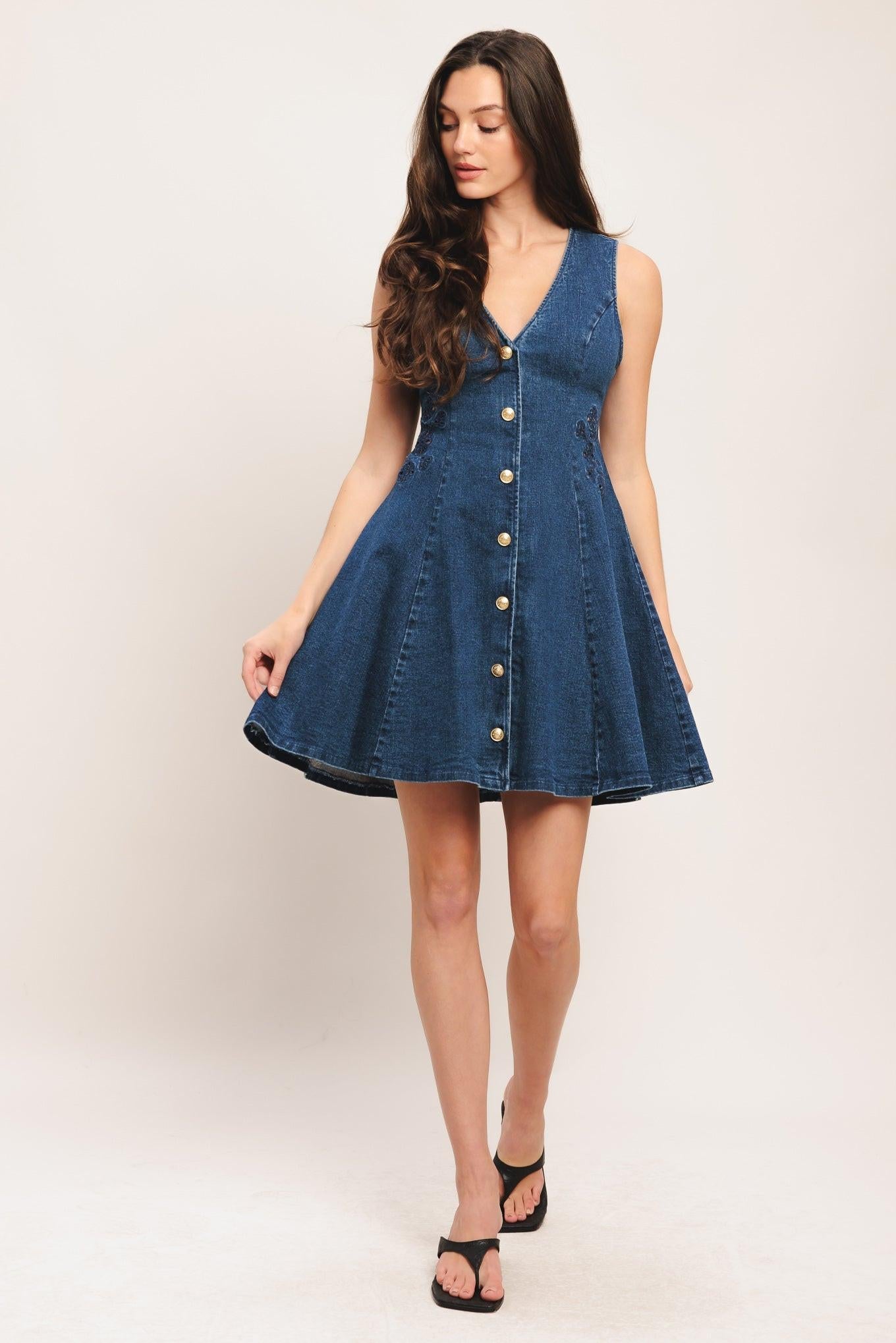 Indigo Flare Denim Mini Dress in medium, view 3 — Soul Flow Apparel