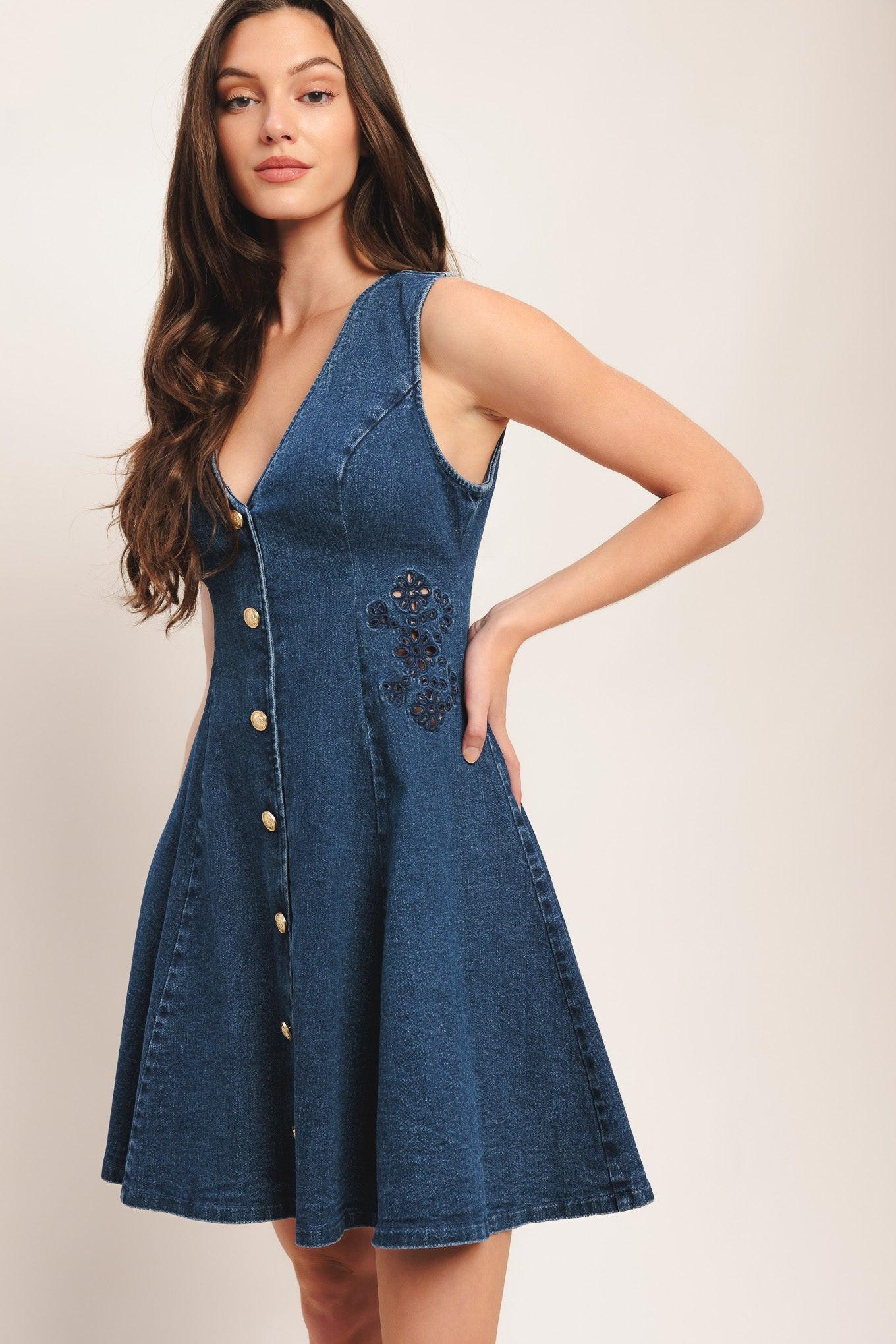 Indigo Flare Denim Mini Dress in medium, view 5 — Soul Flow Apparel