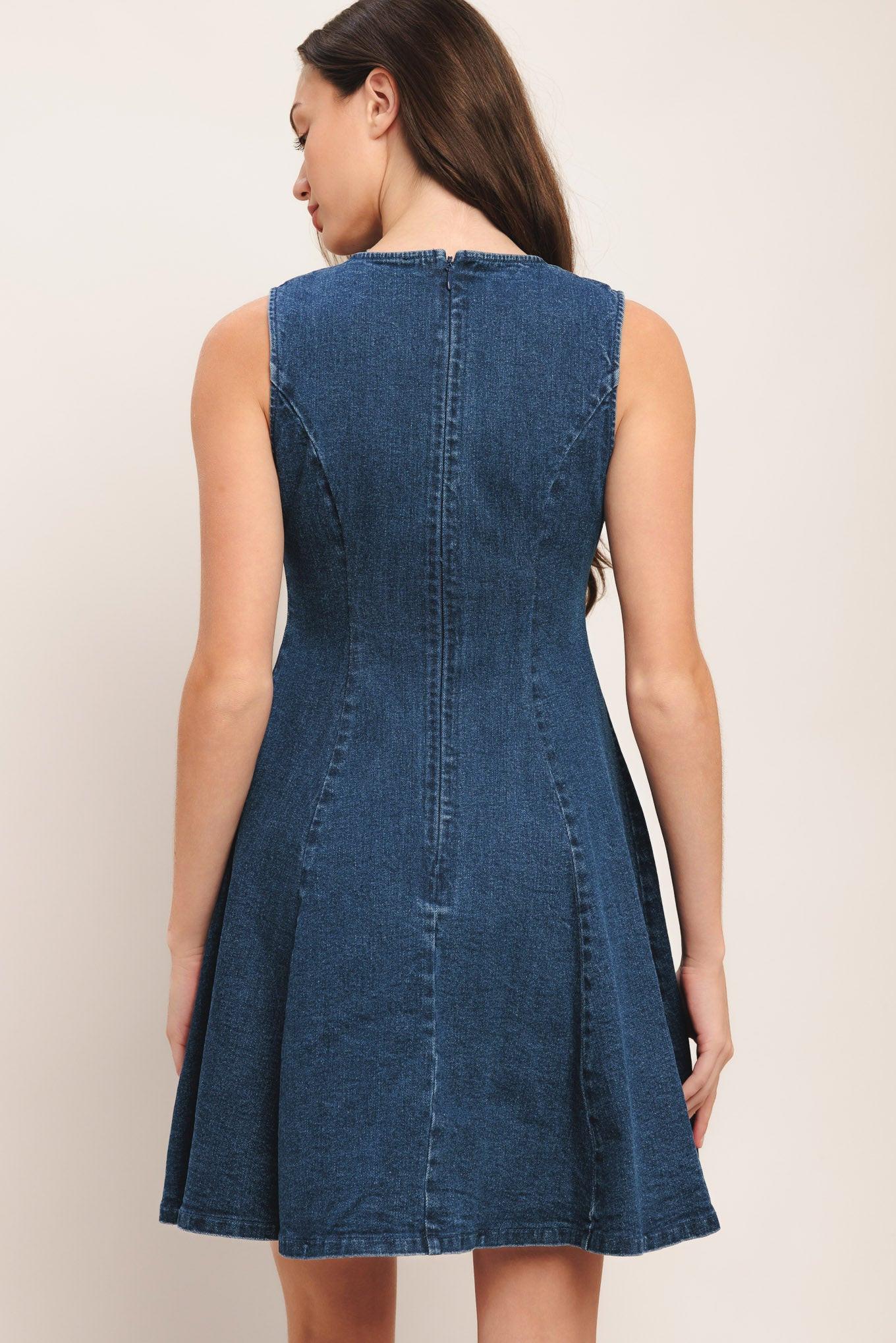 Indigo Flare Denim Mini Dress in medium, view 6 — Soul Flow Apparel