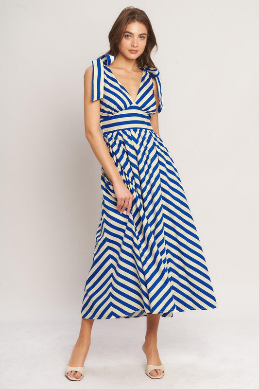 Blue Voyage Stripe Woven Midi Dress in ivory blue, view 1 — Soul Flow Apparel