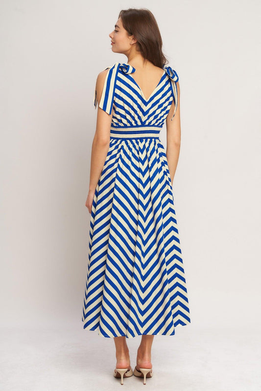 Blue Voyage Stripe Woven Midi Dress in ivory blue, view 5 — Soul Flow Apparel