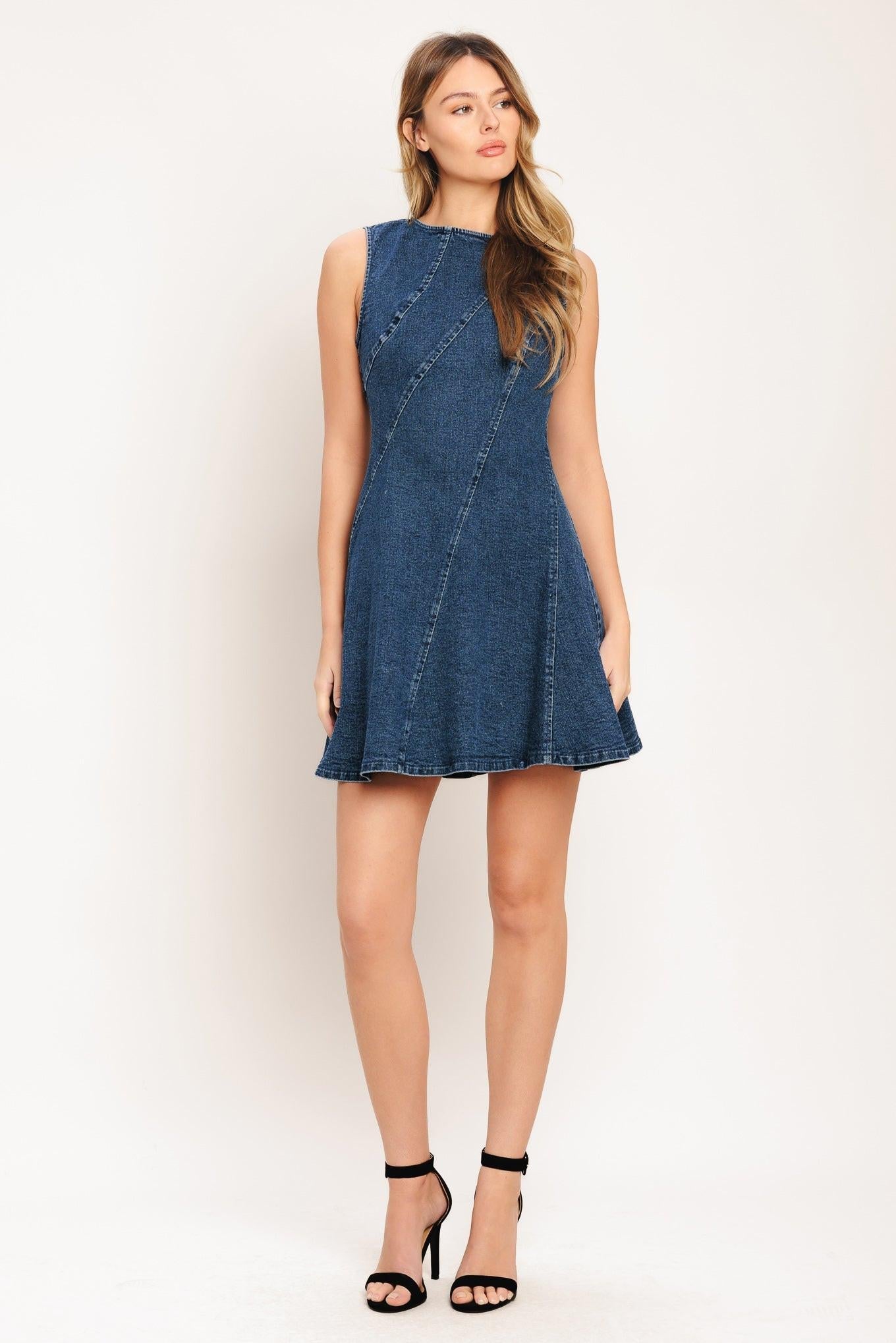 Day to Night Denim Mini Dress in medium indigo, view 1 — Soul Flow Apparel