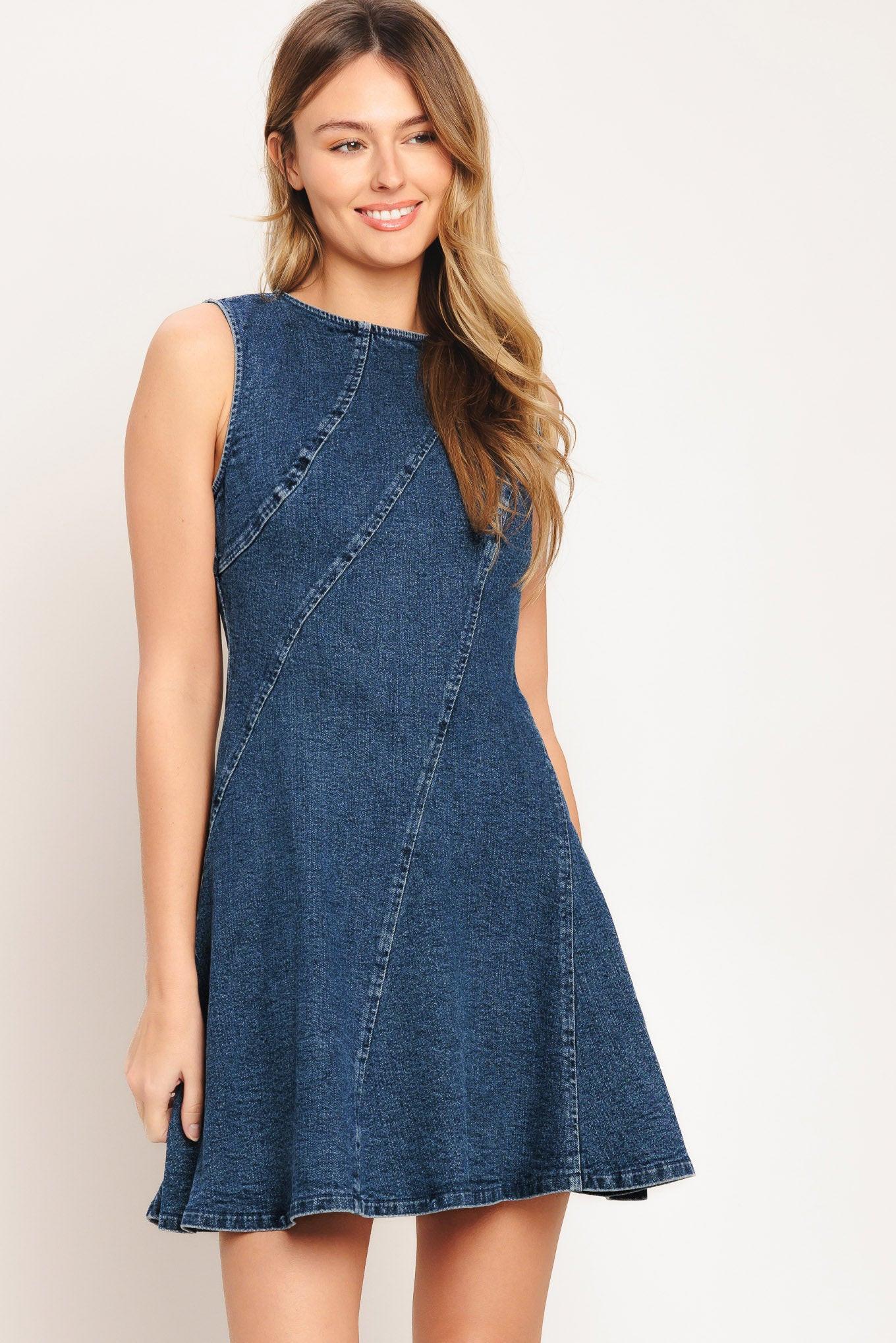 Day to Night Denim Mini Dress in medium indigo, view 3 — Soul Flow Apparel
