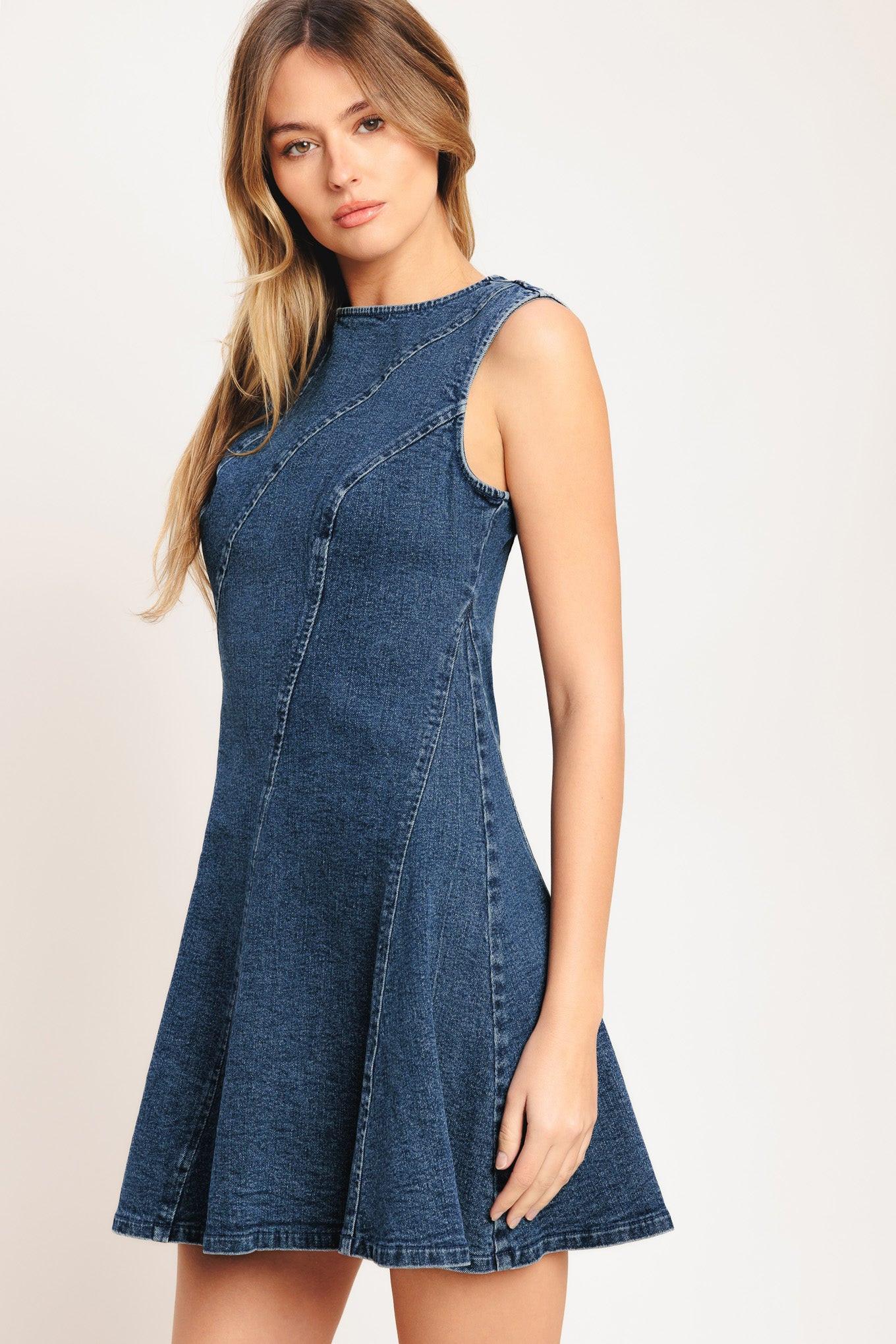Day to Night Denim Mini Dress in medium indigo, view 4 — Soul Flow Apparel