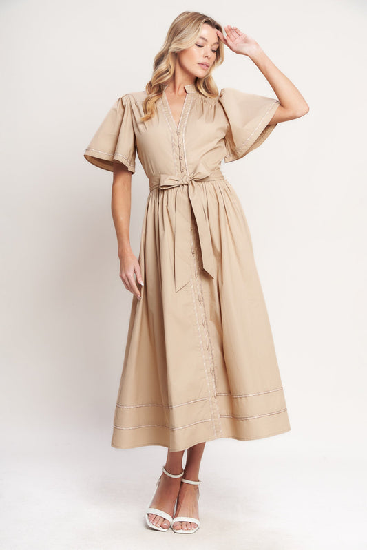 Resort Escape Woven Midi Dress in taupe, view 3 — Soul Flow Apparel