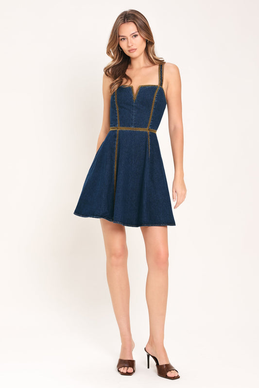 Denim Darling Denim Mini Dress in indigo denim, view 1 — Soul Flow Apparel