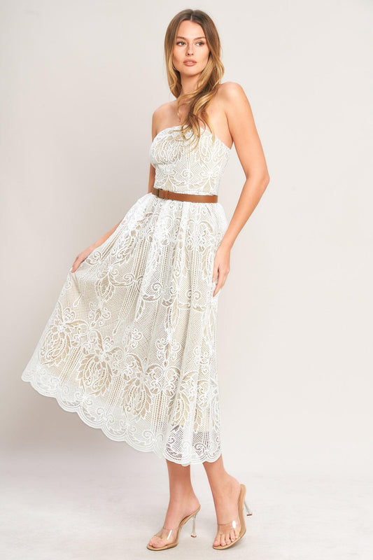 Elegant Garden Woven Lace Midi Dress in white, view 4 — Soul Flow Apparel