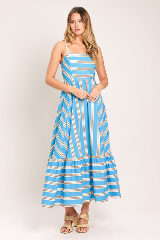 Breeze Stripe Woven Midi Dress in light blue, view 2 — Soul Flow Apparel