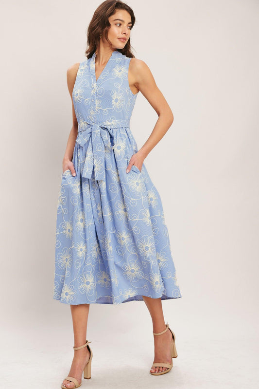 Summer Sketch Flora Woven Midi Dress in light blue, view 2 — Soul Flow Apparel