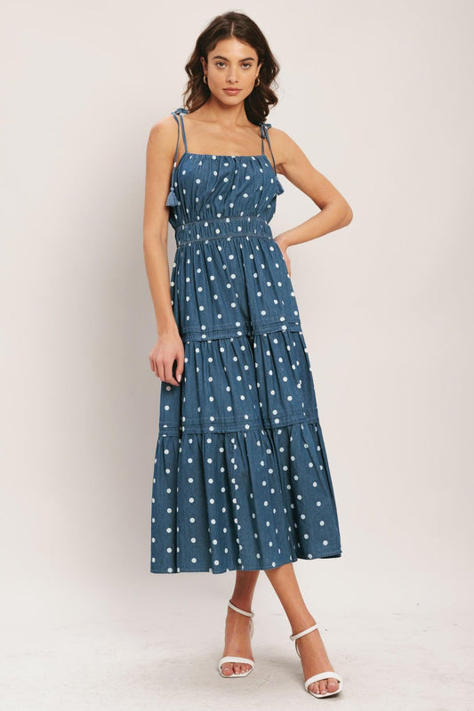 Nautical Dot Denim Midi Dress in medium indigo, view 1 — Soul Flow Apparel