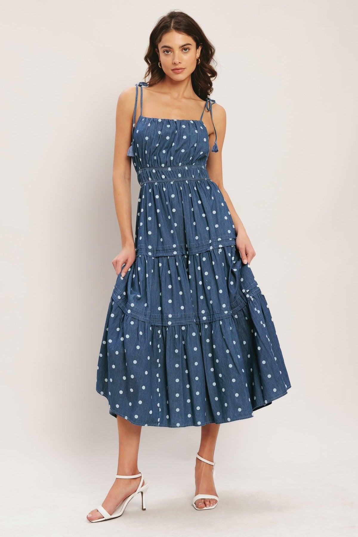 Nautical Dot Denim Midi Dress in medium indigo, view 3 — Soul Flow Apparel