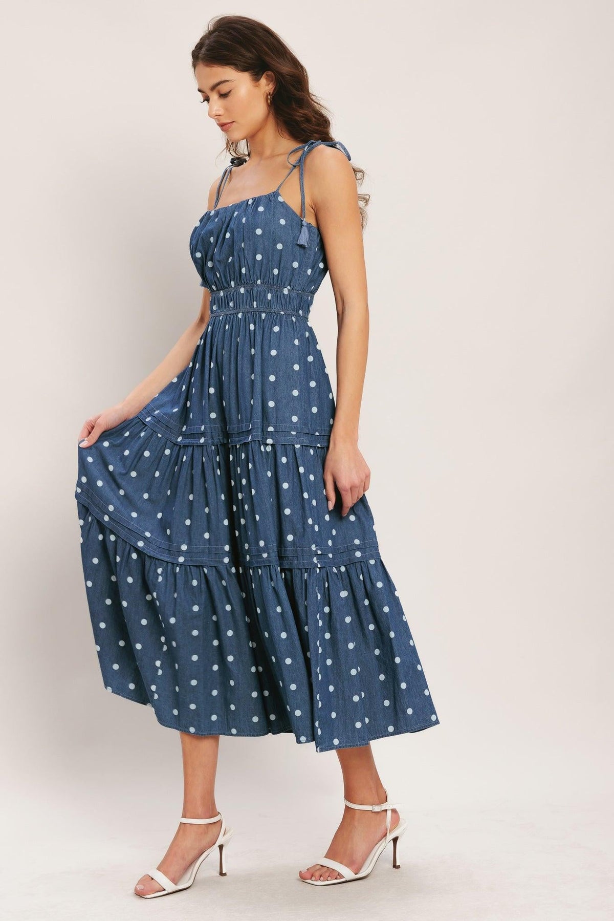 Nautical Dot Denim Midi Dress in medium indigo, view 4 — Soul Flow Apparel