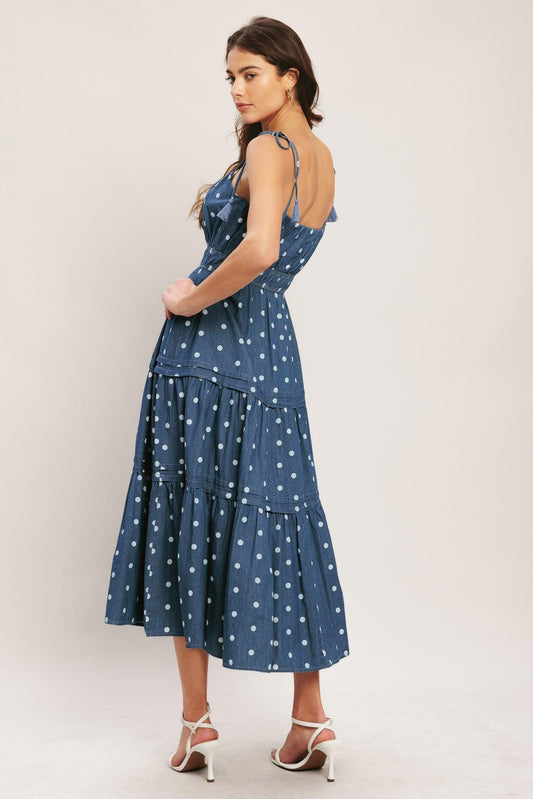 Nautical Dot Denim Midi Dress in medium indigo, view 6 — Soul Flow Apparel