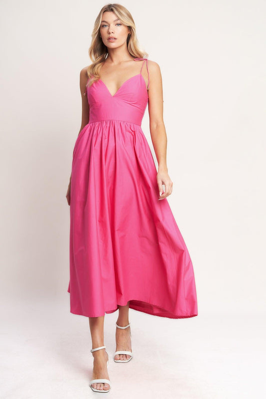 Pretty in Pink Woven Midi Dress in fuchsia, view 2 — Soul Flow Apparel