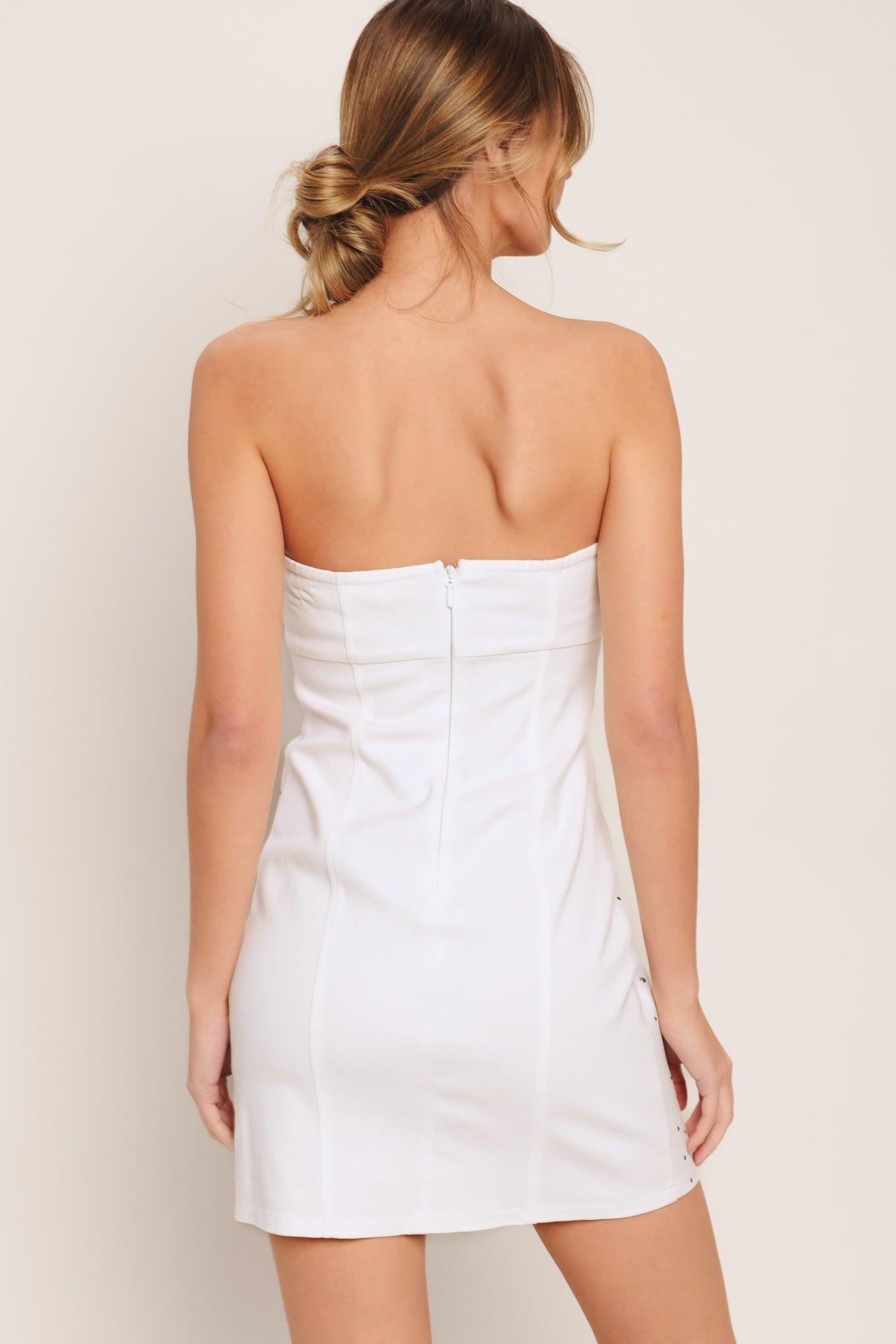 City to Coast Woven Mini Dress in white denim, view 2 — Soul Flow Apparel