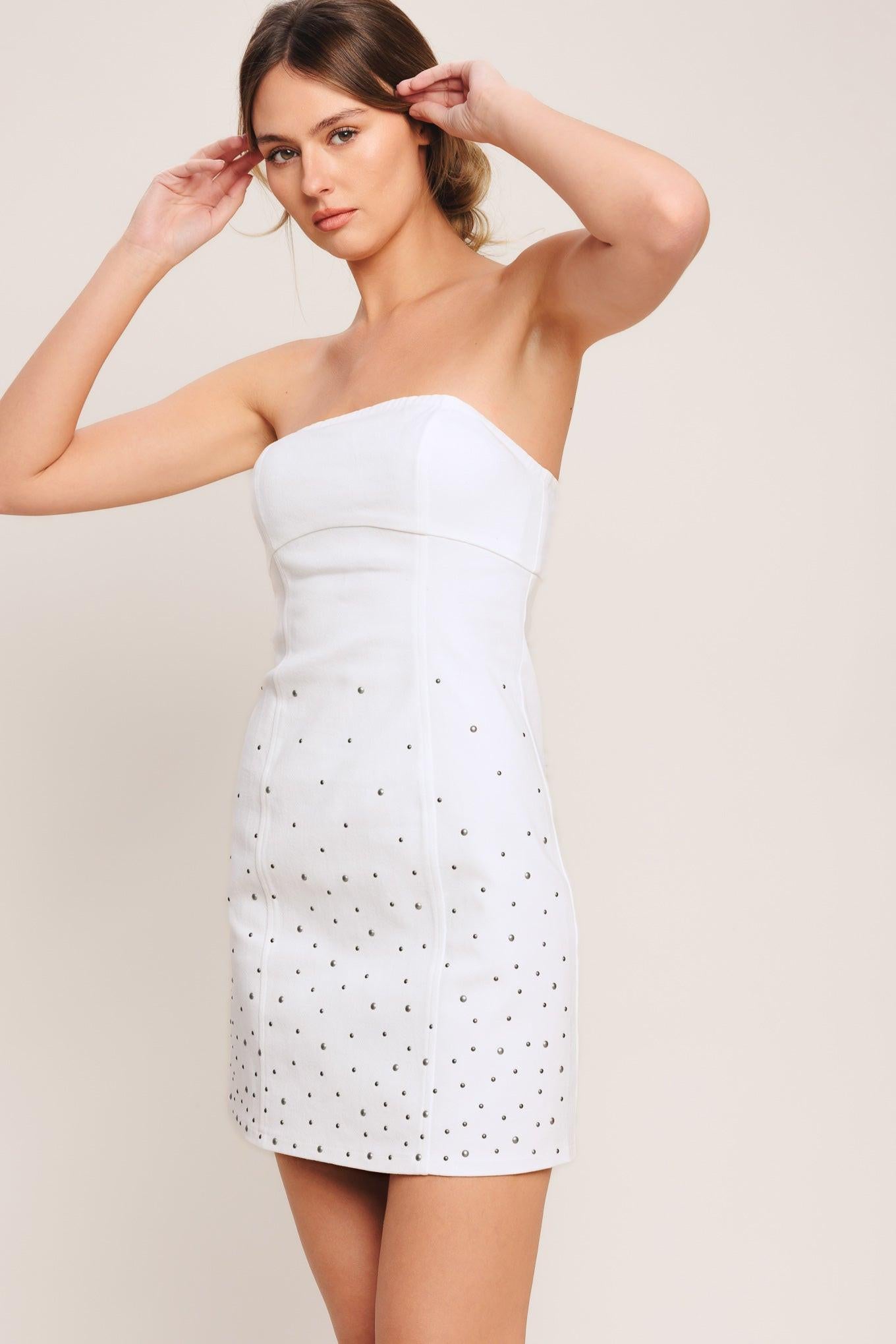 City to Coast Woven Mini Dress in white denim, view 5 — Soul Flow Apparel
